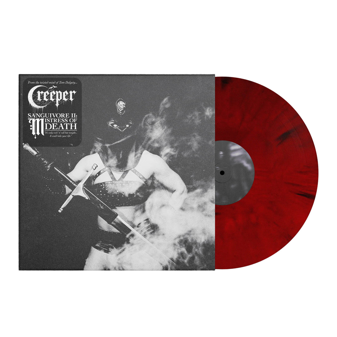 A Blood Red Vinyl LP with a black and red marbled design slides from its sleeve. The Mistress of Death cover features a masked figure in dark attire holding a cross. Text reads Creeper: Sanguivore II: Mistress of Death.