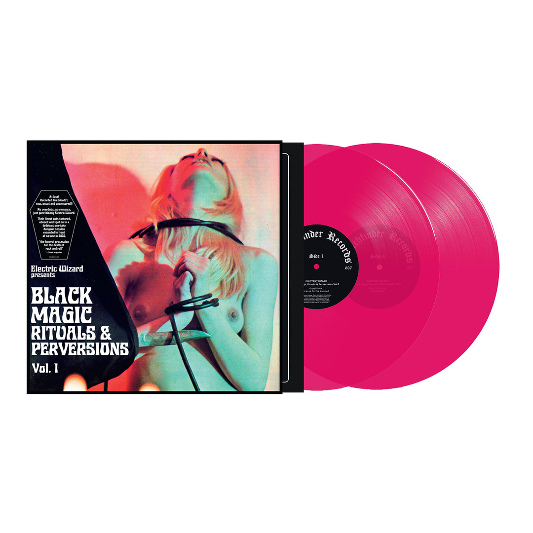 Two hot pink vinyl records beside an album cover featuring a topless woman with a whip under red and blue lighting. Text reads: Electric Wizard presents Black Magic Rituals & Perversions Vol. 1—includes Witchcult Today and Dopethrone.