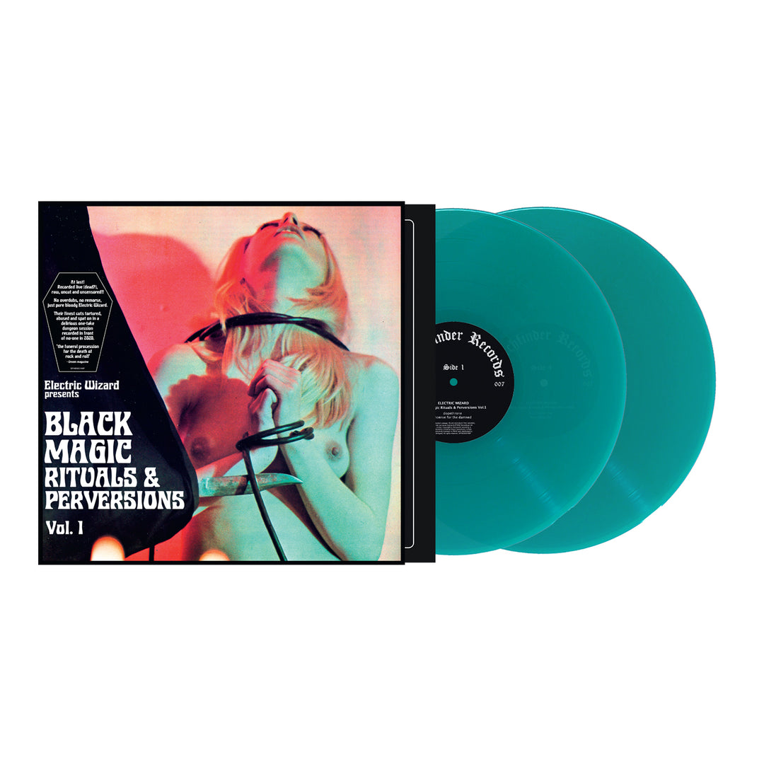 Electric Wizard’s Black Magic Rituals & Perversions Vol. 1 album cover features a suggestive image of two women and two turquoise vinyl records—a must-have for fans of Dopethrone and Witchcult Today.