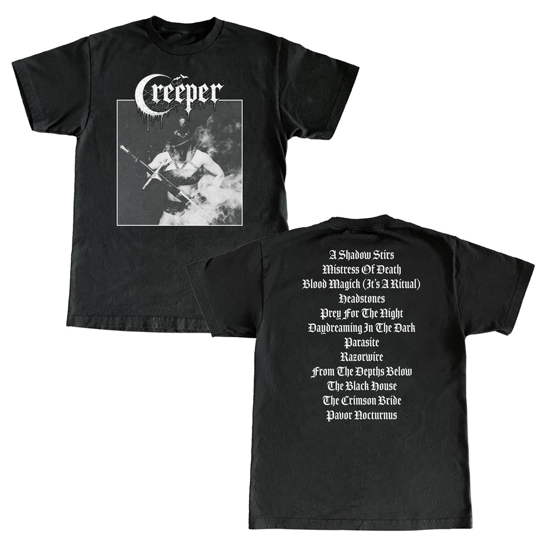 Creeper black t-shirt inspired by gothic fashion features Creeper in white gothic text and a smoky black-and-white image on the front; back lists Mistress Of Death song titles in white gothic text.