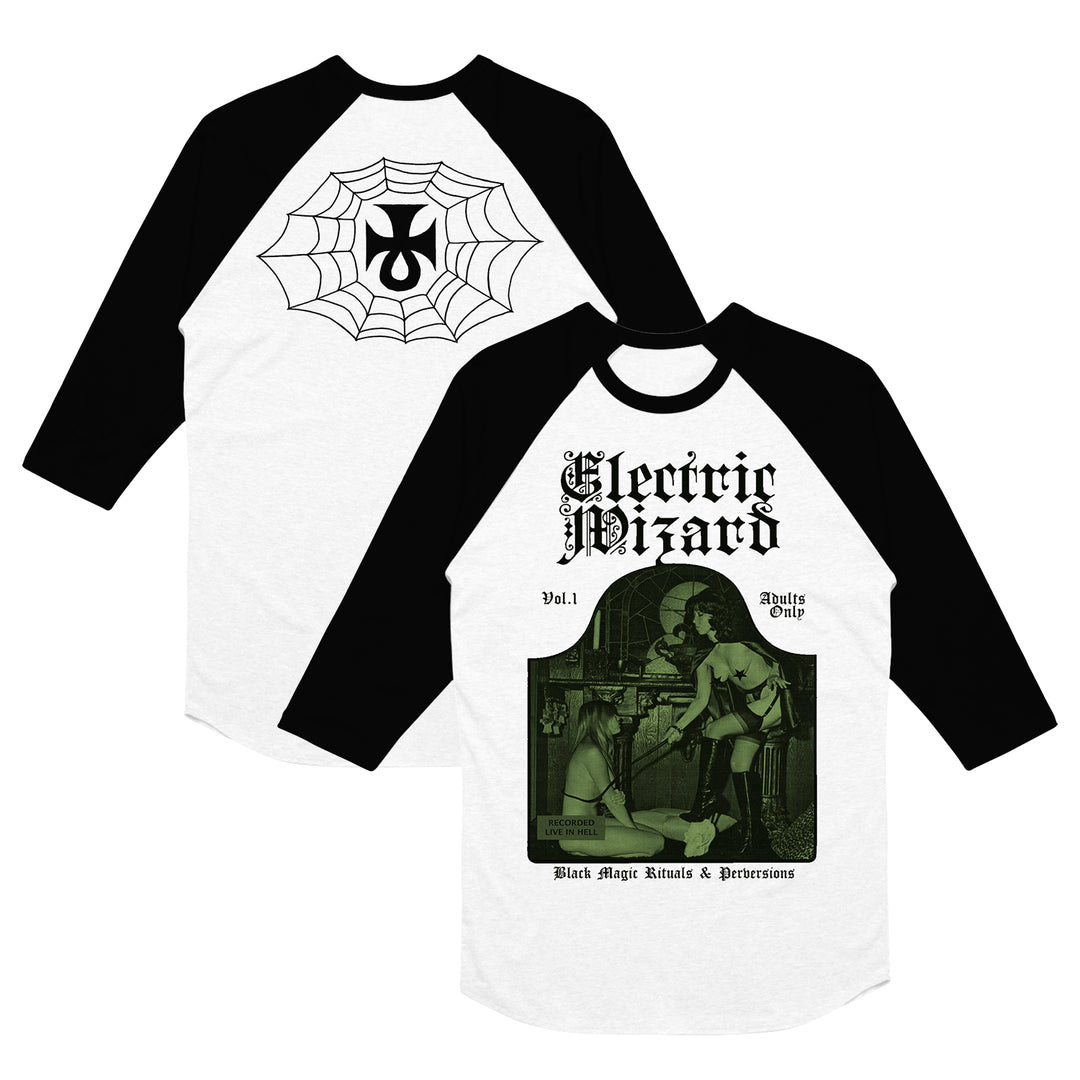 Two white and black raglan shirts by Electric Wizard. The back shows a spider web with a black cross. The front features gothic “Electric Wizard” text above dark art labeled “Black Magic Rituals & Persecutions.”.