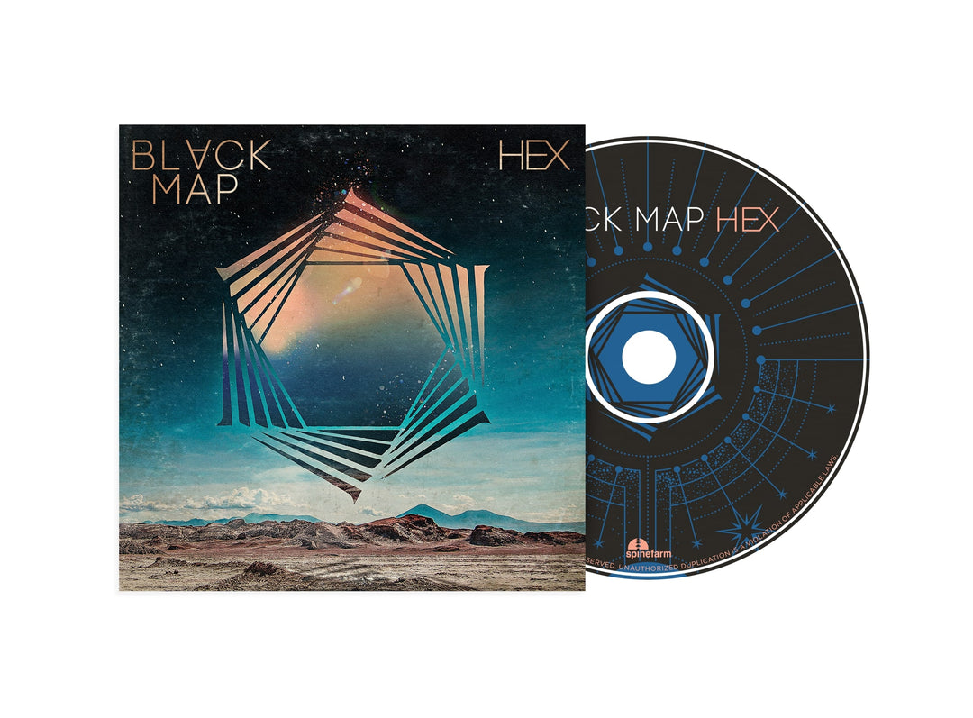 Black Map’s “Hex” CD and cover feature a geometric hexagon over a surreal desert with starry sky. Presale includes the CD—matching design—and an exclusive track list insert.