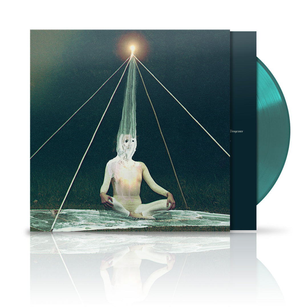 A turquoise colored vinyl LP record with a abstract cover art featuring a figure and geometric shapes.