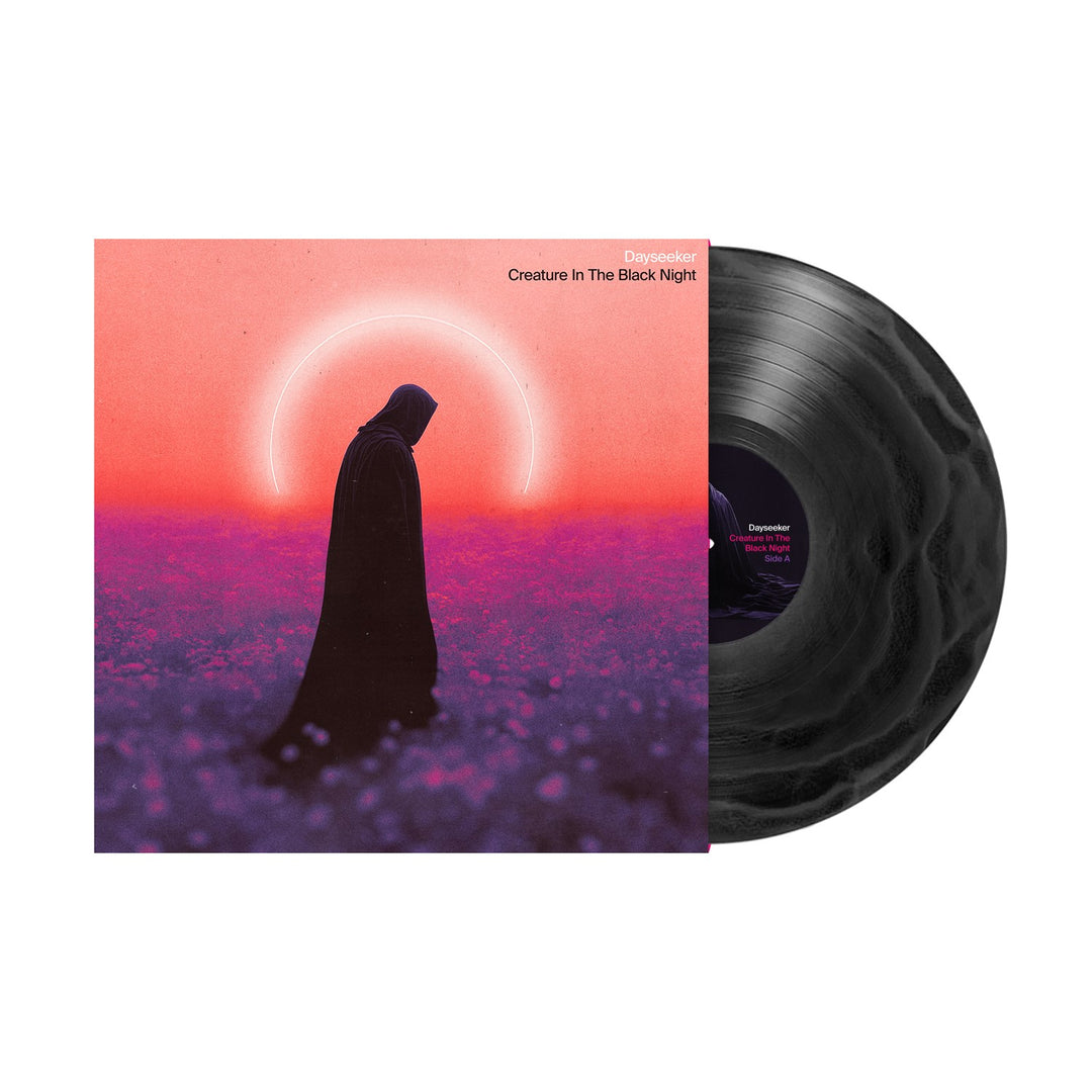 Dayseekers Black Smoke Vinyl LP with album cover art of a hooded figure in a glowing pink and purple field at sunset, beneath a halo arc. Cover text: Dayseeker Creature In The Black Night.