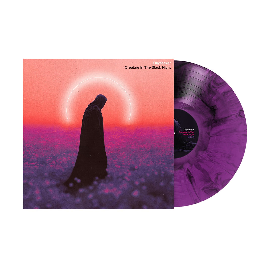 Dayseeker’s Creature In The Black Night—purple/black marble vinyl with album cover featuring a hooded figure in a purple field beneath a glowing halo. Available now during the album presale.