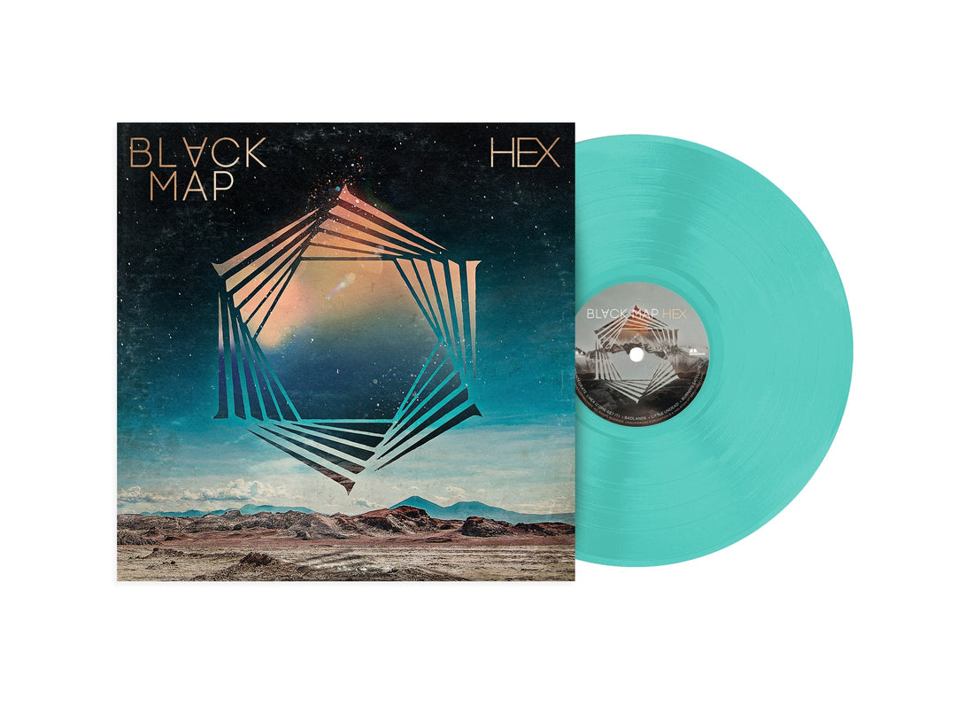 A turquoise vinyl record sits beside its album cover, featuring the Black Map name, a hexagon geometric design, and a cosmic mountainous landscape inspired by Hex (Come Get It).