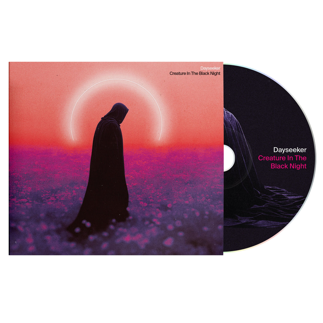 Album cover for Dayseeker’s Creature In The Black Night album shows a hooded figure in a glowing landscape under a pink sky with a halo, with the Creature In The Black Night CD partially visible.