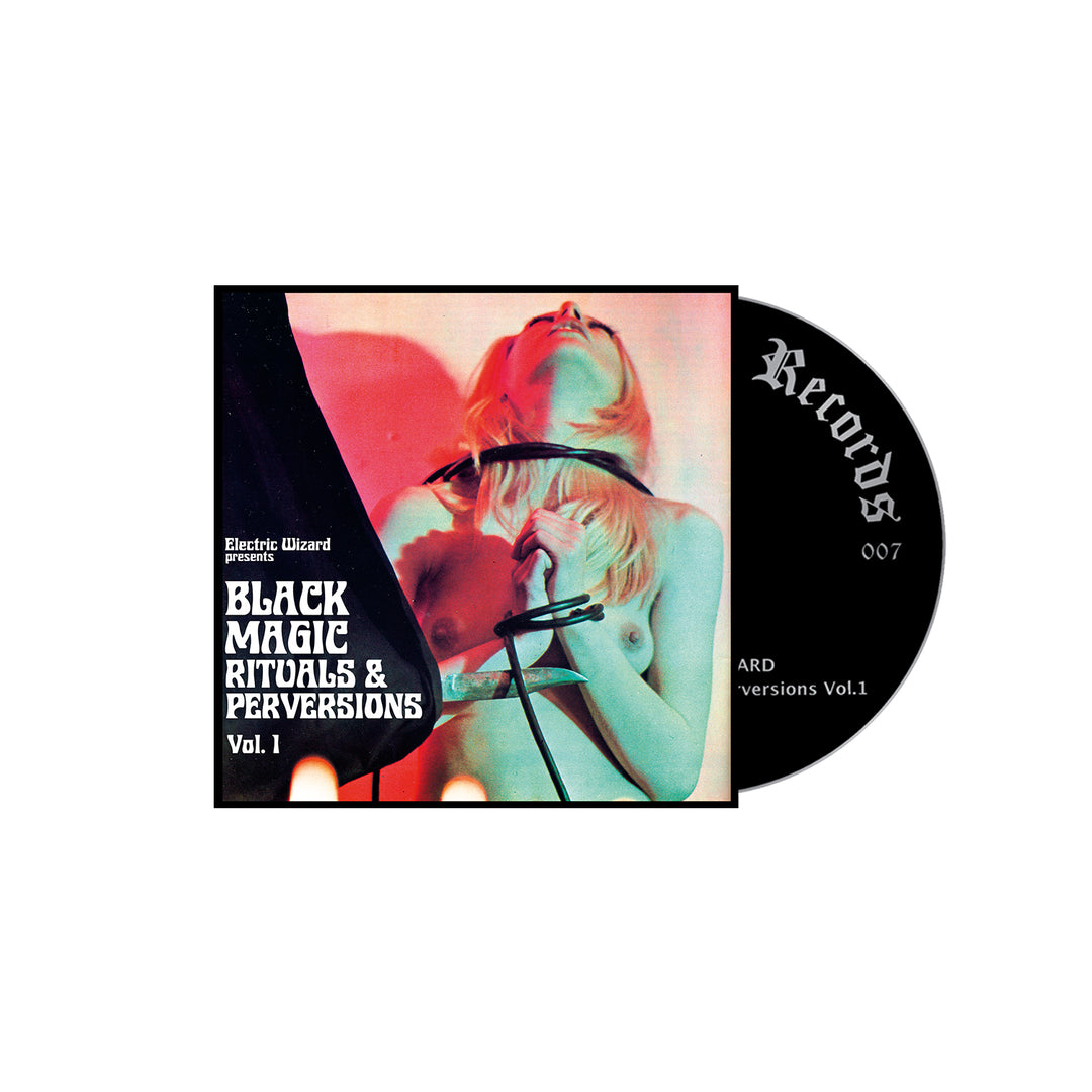 Album cover for Black Magic Rituals & Perversions Vol. 1 by Electric Wizard features a topless woman with her head tilted back, whip around her neck, red lighting, and the black CD partially visible to the right.