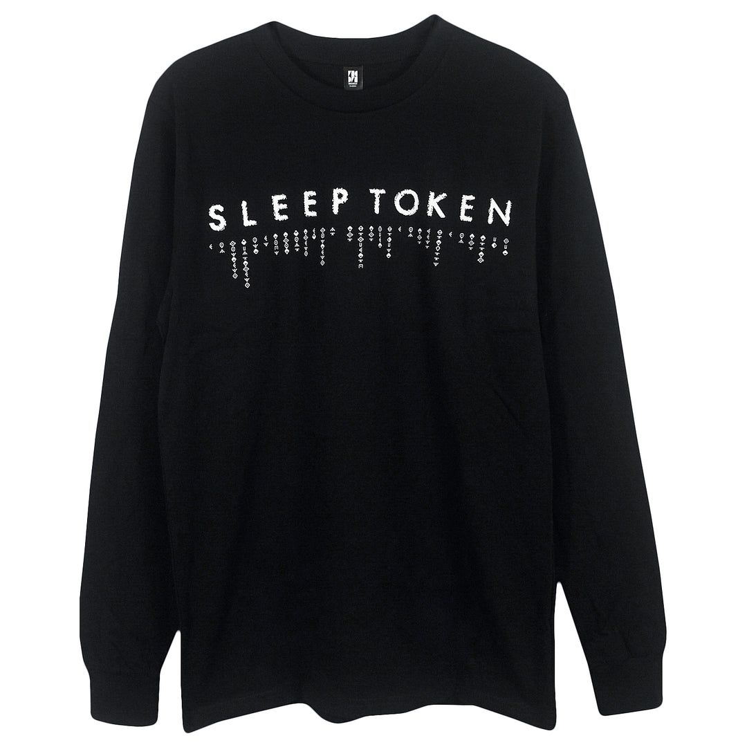 A relaxed fit black long-sleeve shirt by Sleep Token, made from 100% combed cotton, features the bands name in white with small dots dripping down from each letter.