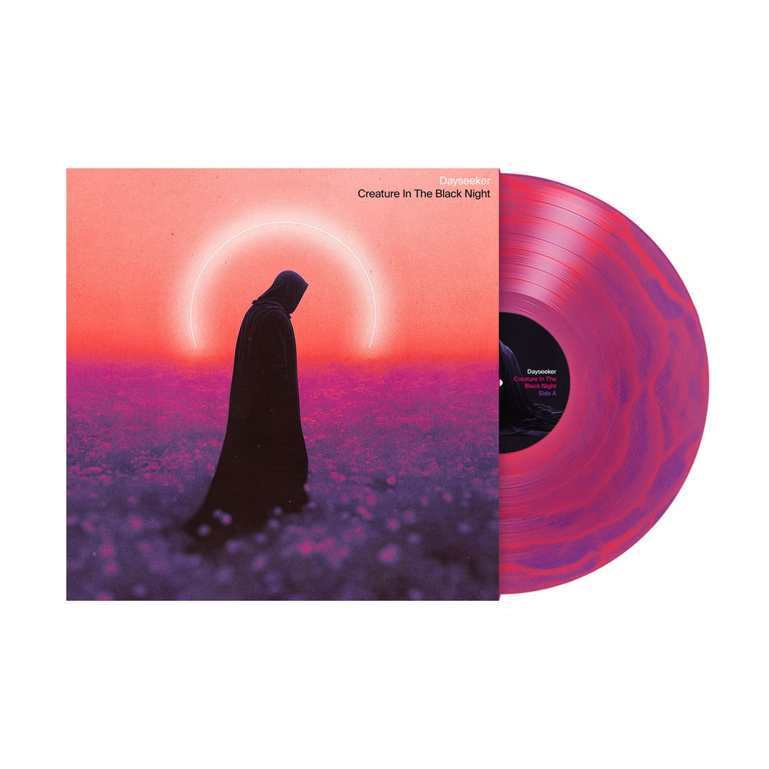 Dayseekers Creature In The Black Night Vinyl LP features a dark-hooded figure amid a glowing pink and purple scene, pressed on eye-catching Magenta/Purple Marble Vinyl.