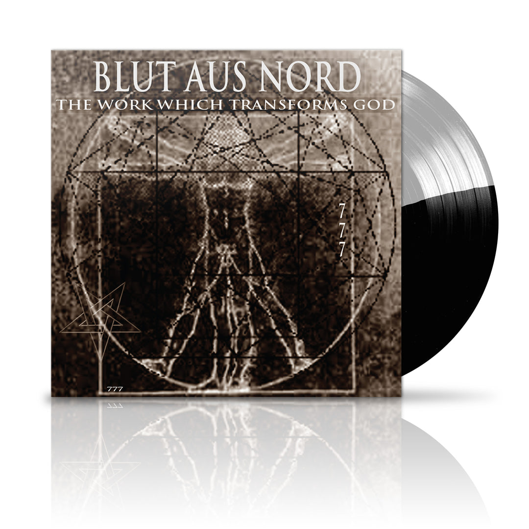 Vinyl record by Blut Aus Nord featuring cover art of a dark, abstract Vitruvian Man with geometric patterns. THE WORK WHICH TRANSFORMS GOD 777 appears on the cover. Includes the haunting track Metamorphosis.