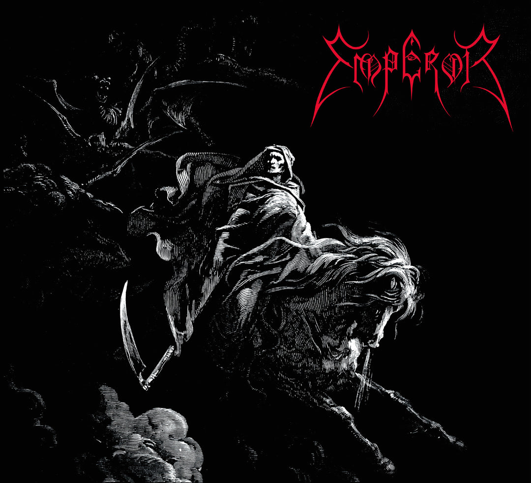 CD cover art featuring a black and white illustration with a dark, mystical theme, including a figure on horseback and cosmic elements, with the band's name 'Emperor' in red text.