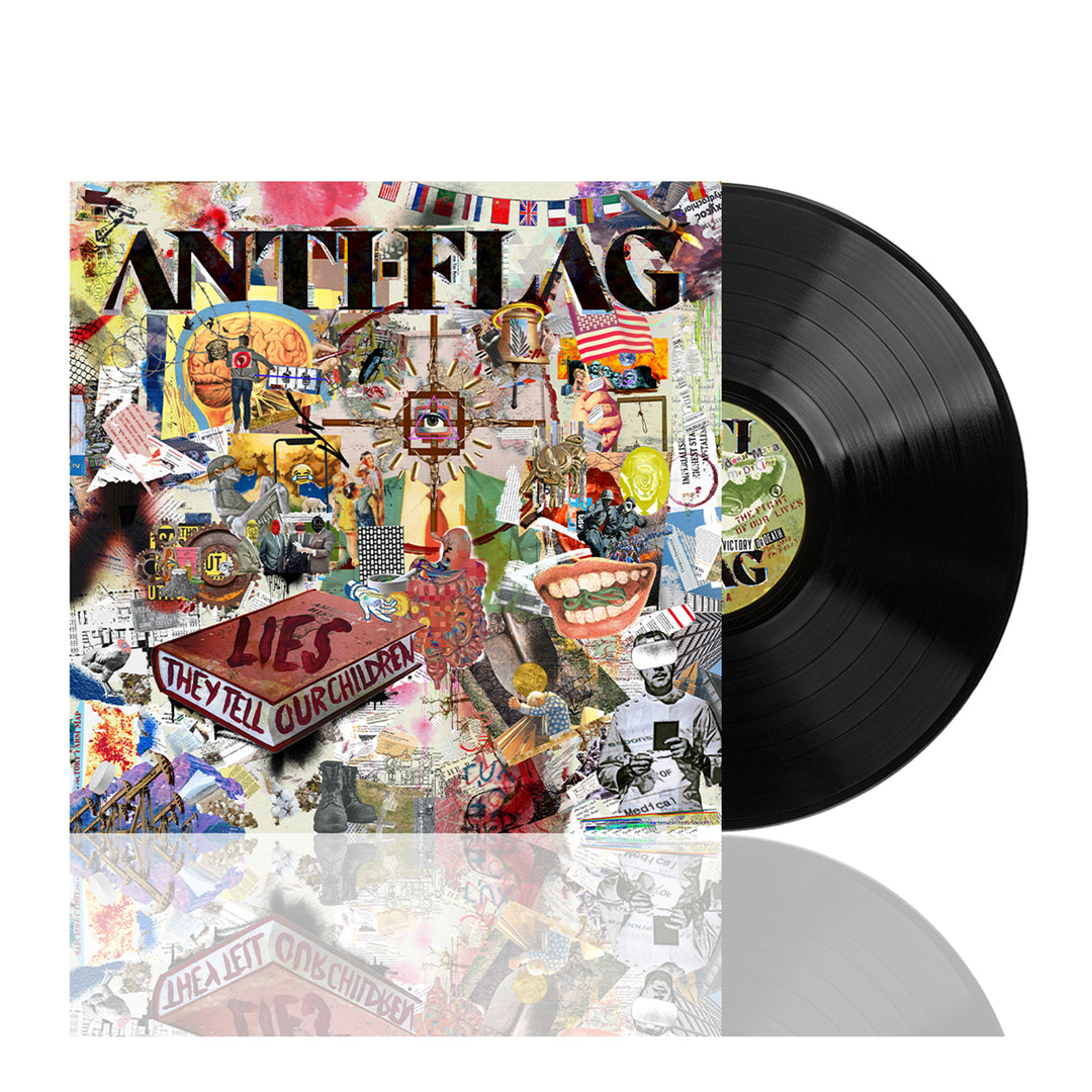 image for the Lies They Tell Our Children Black Vinyl. vinyl on the right and album cover on the left is a collage