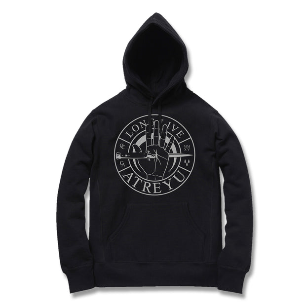 image of a black pullover hoodie on a white background. hoodie has center chest prnt in white of a circle. around the circle says long live atreyu. inside is a hand with a knife through it.