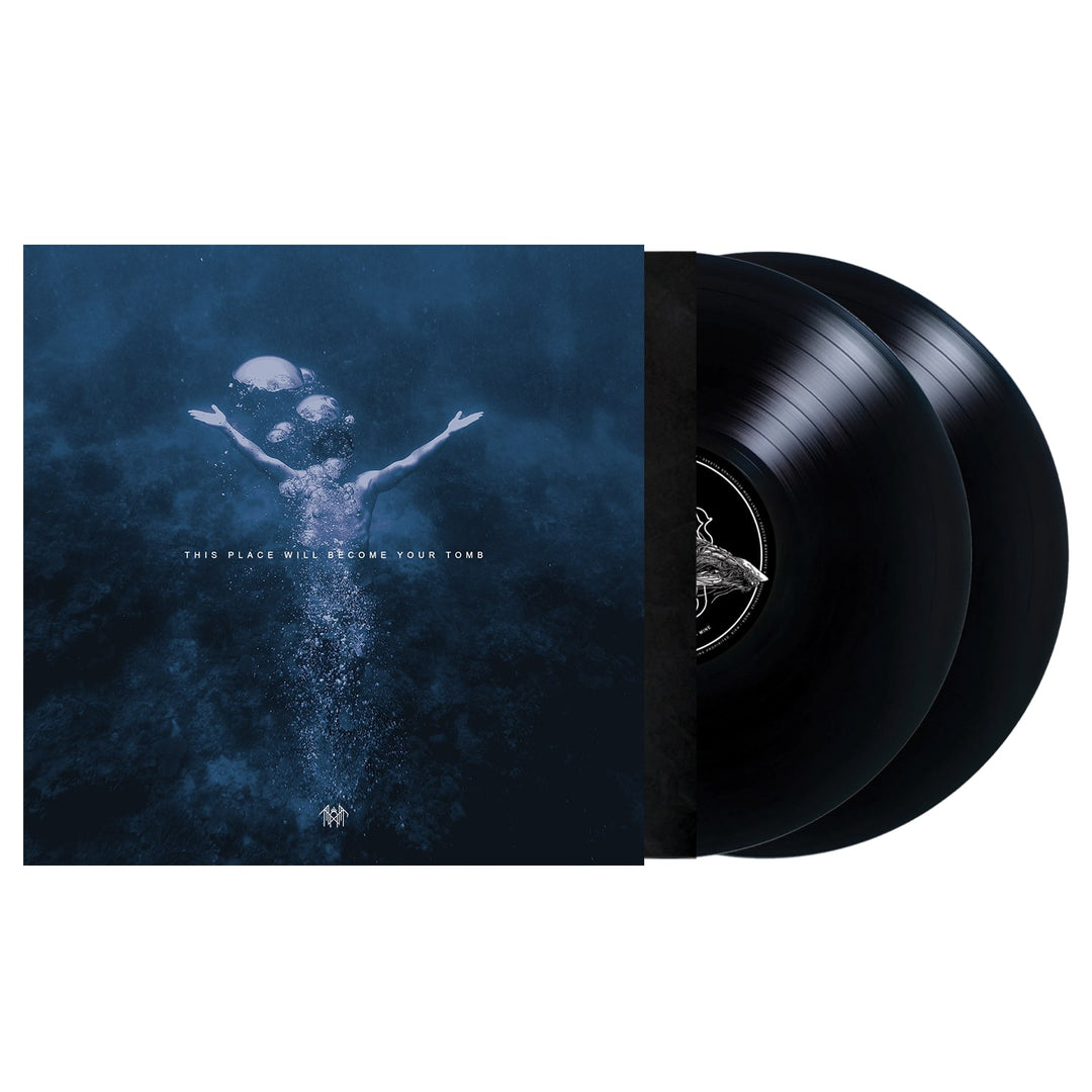 Sleep Token vinyl record set featuring a blue-toned cover of a figure rising underwater with bubbles, titled THIS PLACE WILL BECOME YOUR TOMB. Black vinyls promise an entrancing tracklist and sonic hypnosis.