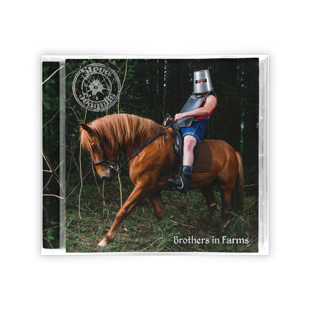 A CD cover features a person in a medieval helmet, sleeveless shirt, and shorts riding a brown horse in a forest. The text reads Brothers in Farms with the brand name Steve n Seagulls.