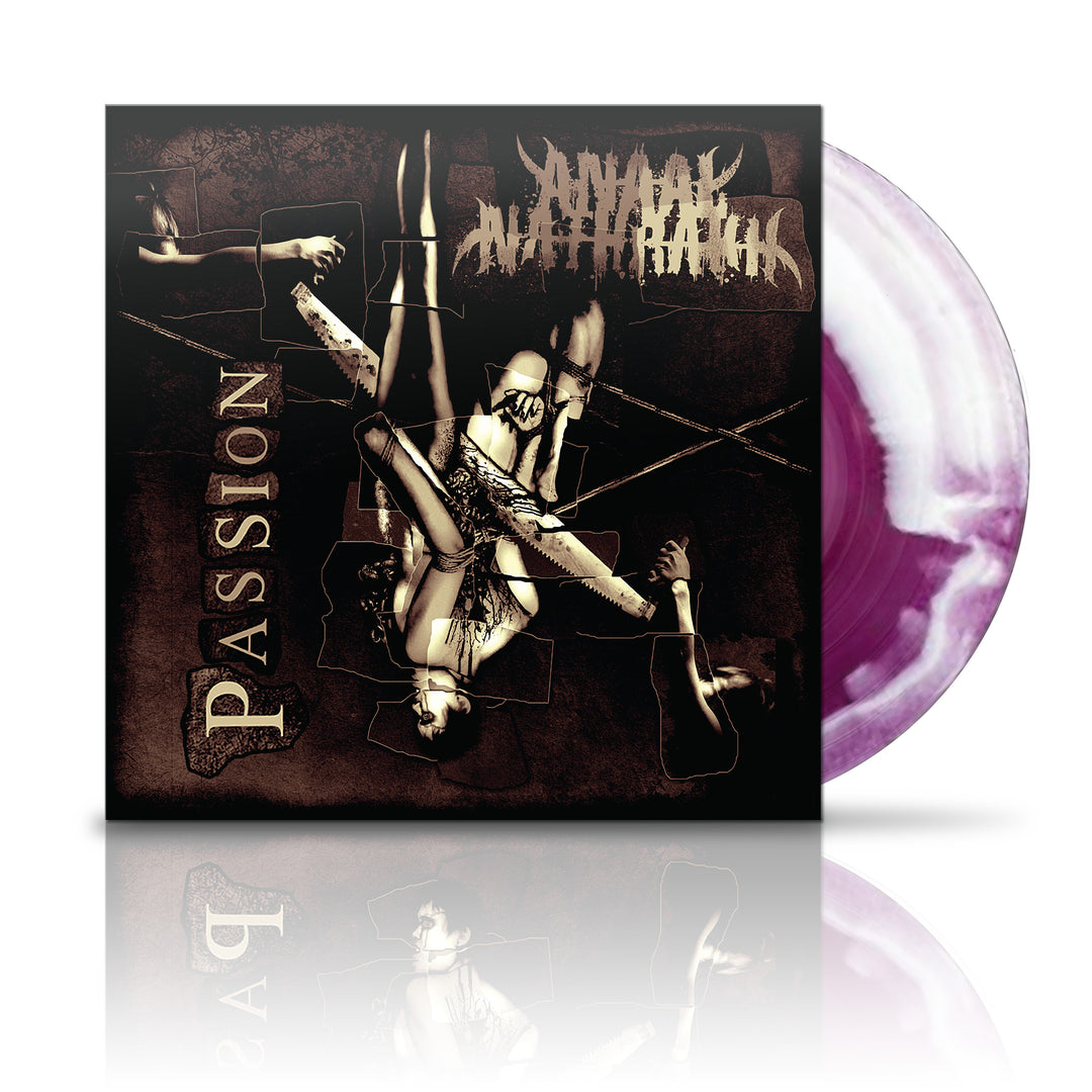 image of a red and white swirl vinyl record on a white background. vinyl is on the right and cover is on the left. the cover is a contorted person. at the top it says Anaal Nathrakh and on the right says passion