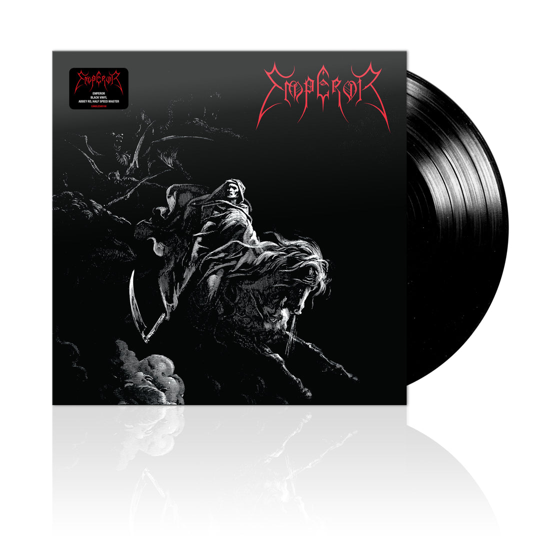 Black vinyl record with album cover art featuring a monochrome illustration of a fantastical character.