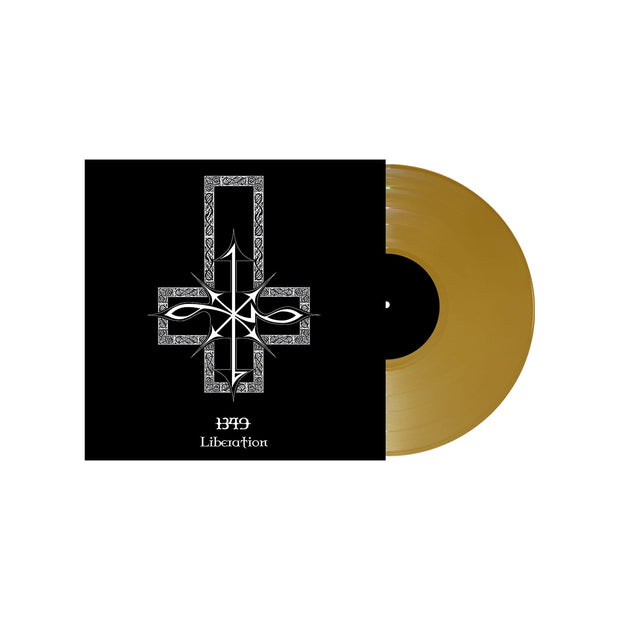 image of a gold vinyl record on a white background. vinyl is on the right and the cover is on the left. cover is black and has a white upside down cross. 1349 liberation is on the bottom