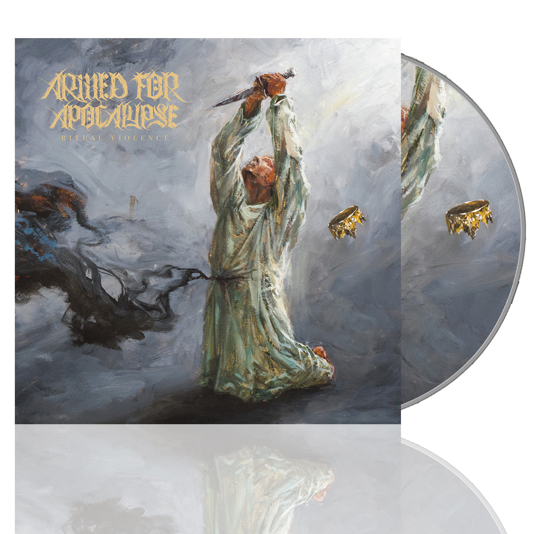 Armed For Apocalypse’s Ritual Violence CD features a striking cover: a kneeling white-robed figure raising a dagger amid swirling smoke. The disc matches the artwork. Explore presale items from Armed For Apocalypse before the album drops!.