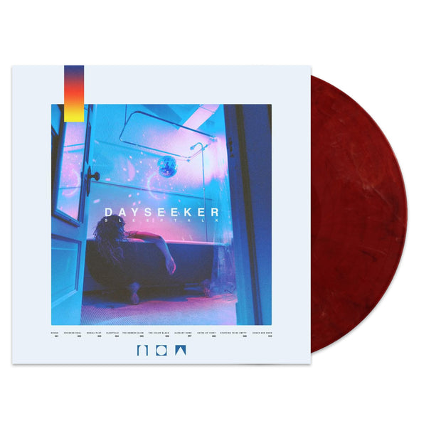 Dayseeker Sleeptalk Red Marble Vinyl LP. Album art depicts a person sleeping in the bath tub with a disco ball above them and neon lights. 