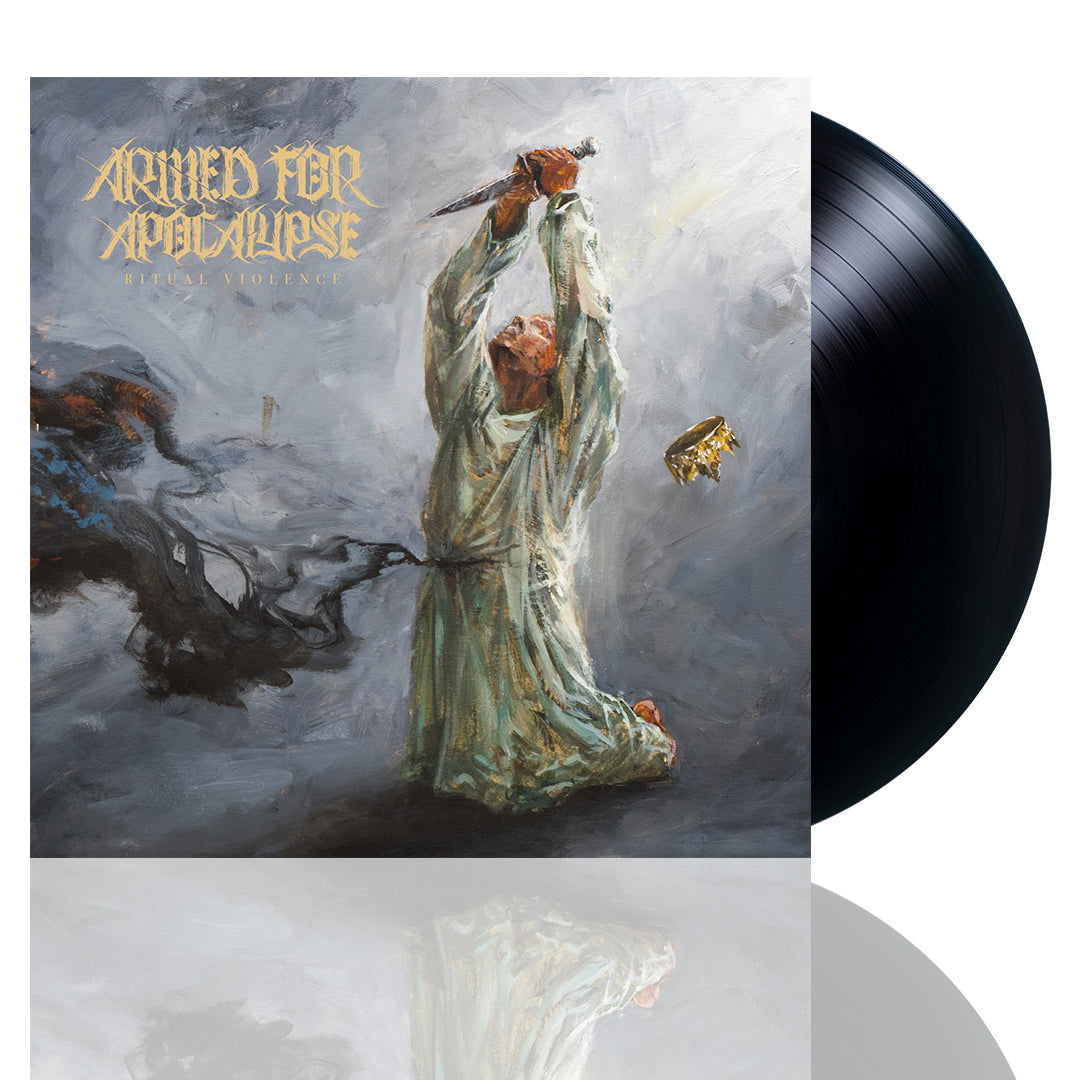 Black vinyl record titled 'Armed For Apocalypse' with a stylized cover depicting a figure in a religious or apocalyptic context, surrounded by a dark, stormy background. The label is visible at the top with the band's name and album title.