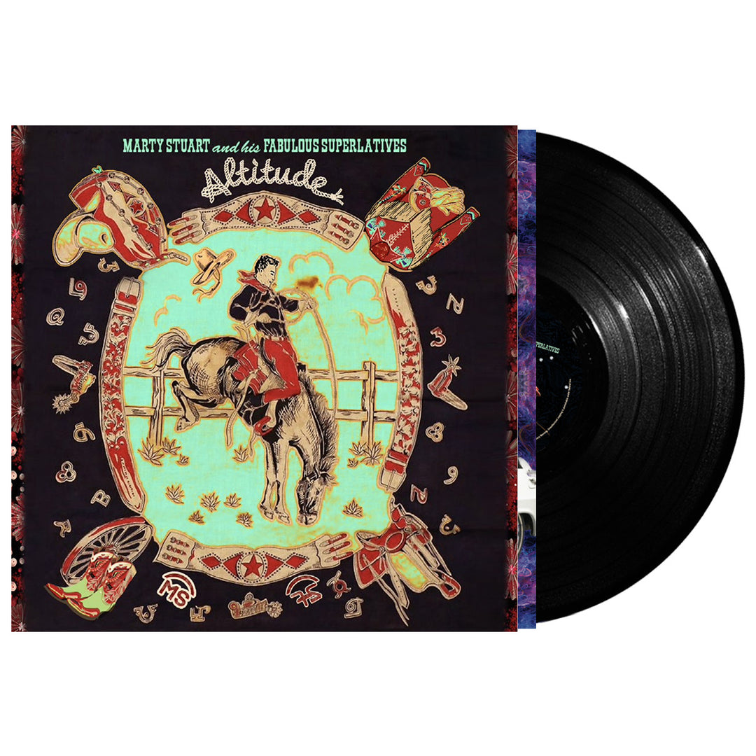 Album cover for Altitude by Marty Stuart & His Fabulous Superlatives, featuring a cowboy on a bucking horse inside a Western-themed border. A partially revealed black vinyl hints at the track list and Lost Byrd Space Train.