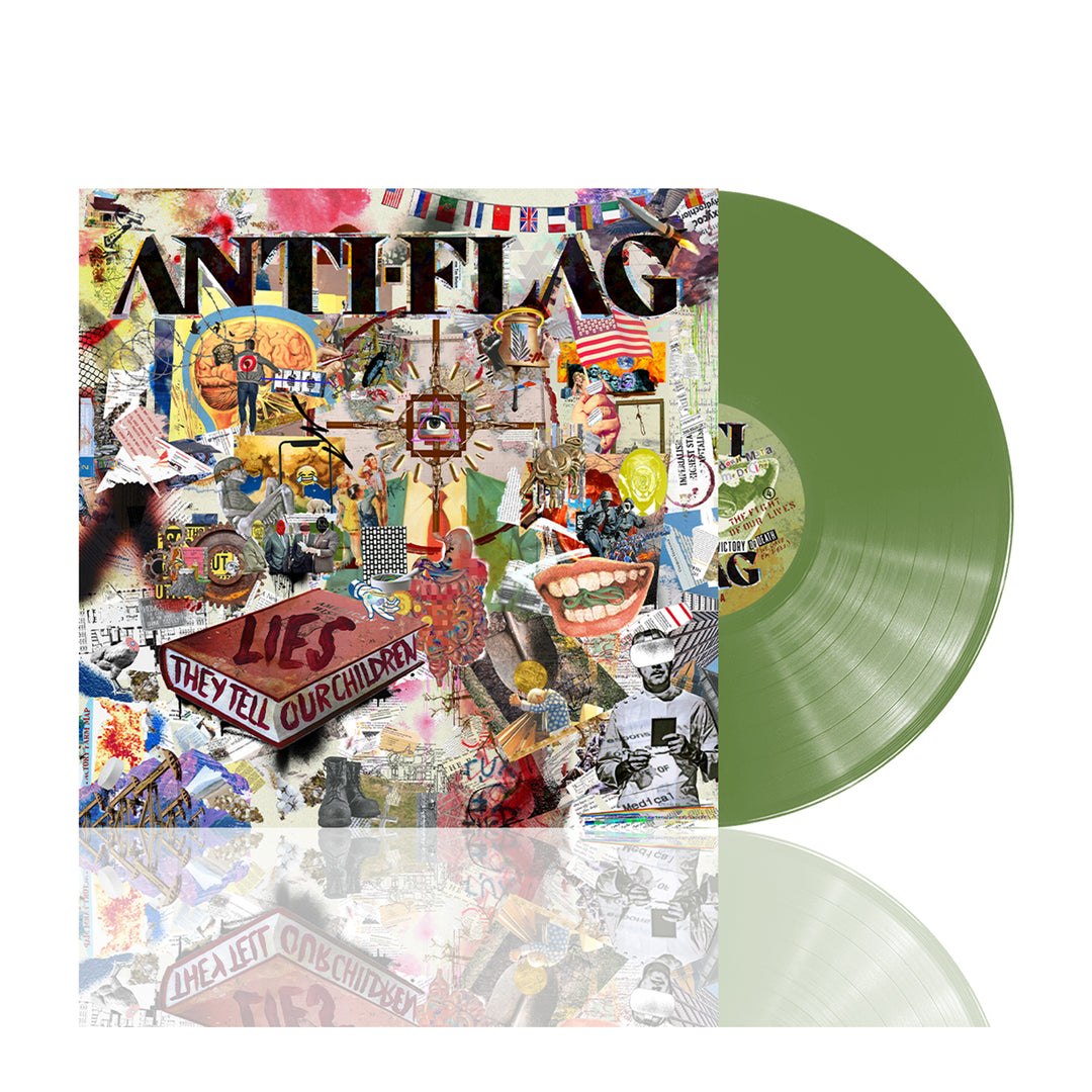 image of the Lies They Tell Our Children Olive Green Vinyl. vinyl on the right and album cover on the left is a collage