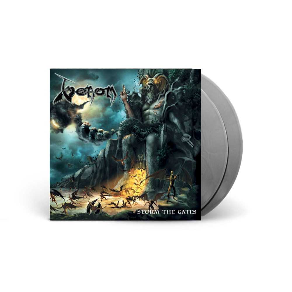 A vinyl record cover with a grey background featuring artwork that includes a character and fantasy elements. The text on the cover reads 'Venom' and 'STORM THE GATES'.
