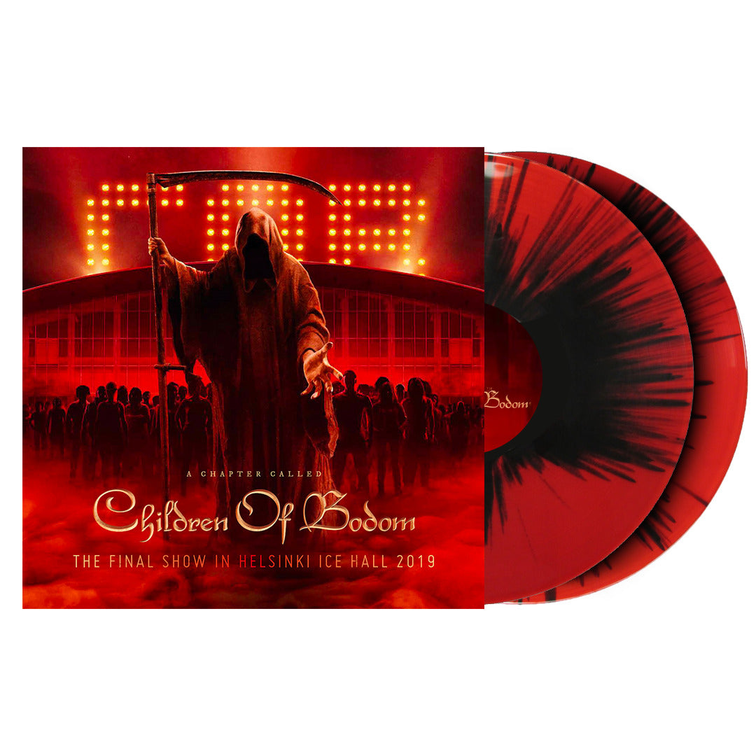 Children of Bodom album cover for The Final Show in Helsinki Ice Hall 2019 shows a hooded, cloaked figure with a scythe—evoking Follow The Reaper—before a red-lit building, with two red and black vinyl records partly visible. Brand: Children of Bodom.
