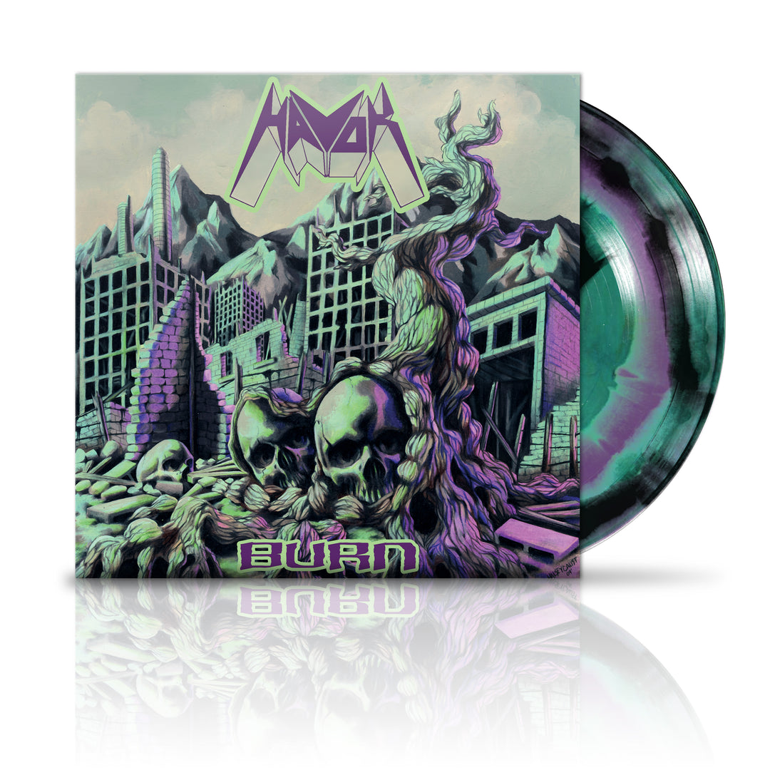 HAVOKs Burn album on 140g green and black marbled vinyl, featuring cover art with skulls and ruins against mountains. Comes in a sturdy gatefold sleeve.