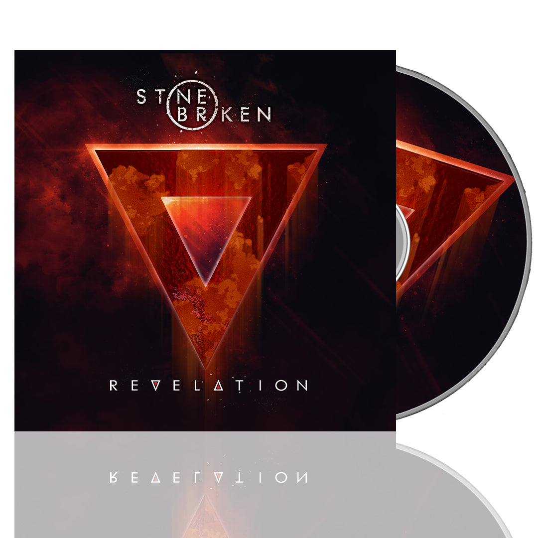 Stone Broken album cover and CD for Revelation, featuring a glowing red triangle within a triangle on a dark, fiery background, with the Stone Broken logo and album title in white text—reflecting the mood of tracks like Black Sunrise.
