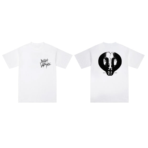 image of the front and back of a white tee shirt on a white background. front is on the left and has a small right chest print that says bullet for my valentine. back is on the right and has a back print in black of a skull