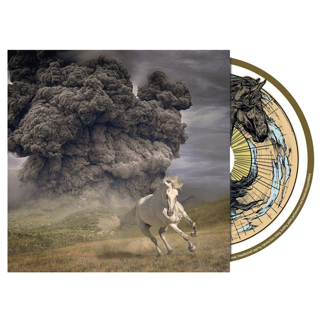 Album cover art featuring a dramatic scene with a horse running and a background of a volcanic eruption.