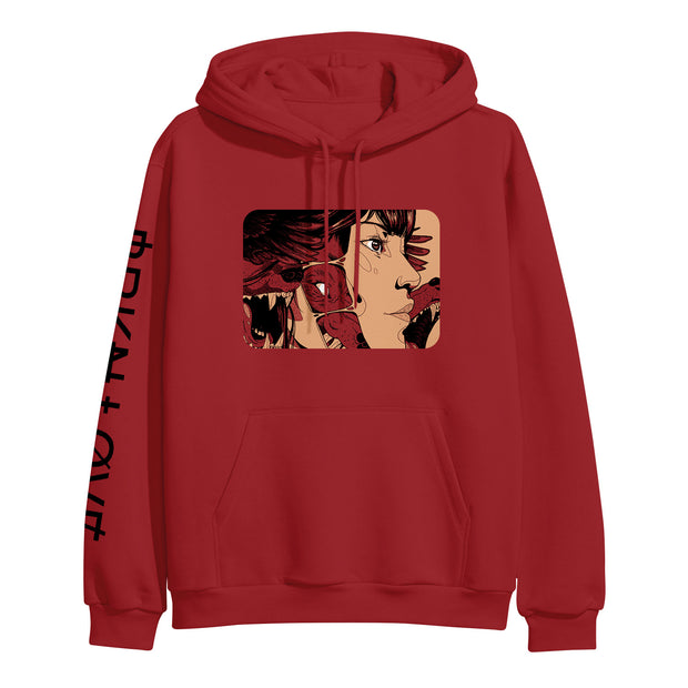 image of a red pullover hoodie on a white background. front of hoodie has comic book art of a face. left sleeve has black print that says broken love