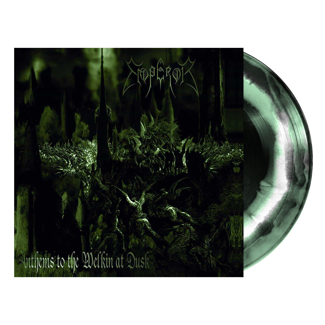A dark green and black vinyl record by Emperor partially slides out from its cover, which displays a chaotic, shadowy landscape with twisted trees and figures, plus the album title “Anthems to the Welkin at Dusk.”.