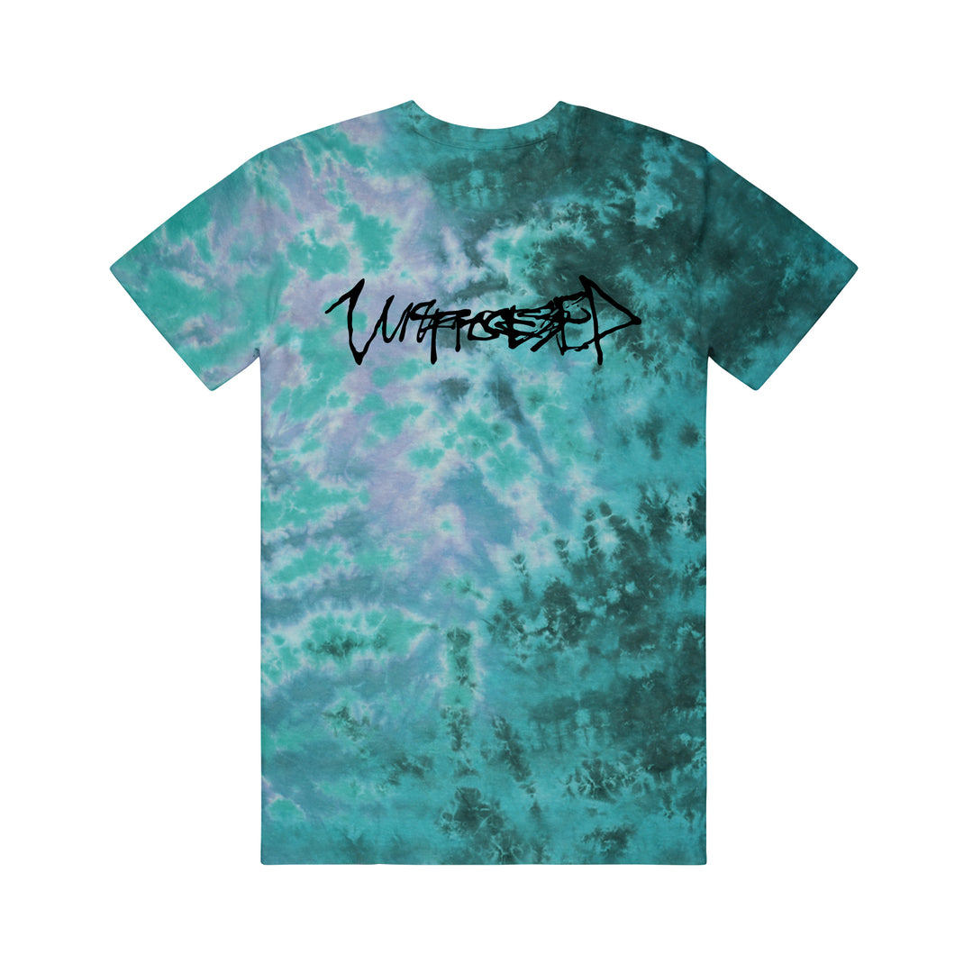 A turquoise and green Unprocessed Colortone Tie Dye T-Shirt, classic fit with heavyweight cotton, features Witnessed in bold black graffiti-style text across the upper back.