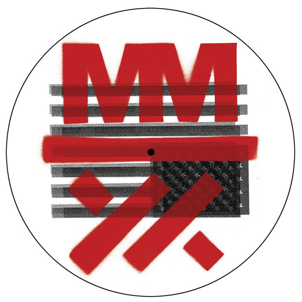 image of a white vinyl record felt slipmat. there is an upside down american flag in the center. at the top are the letters M M and the bottom are for red stripes