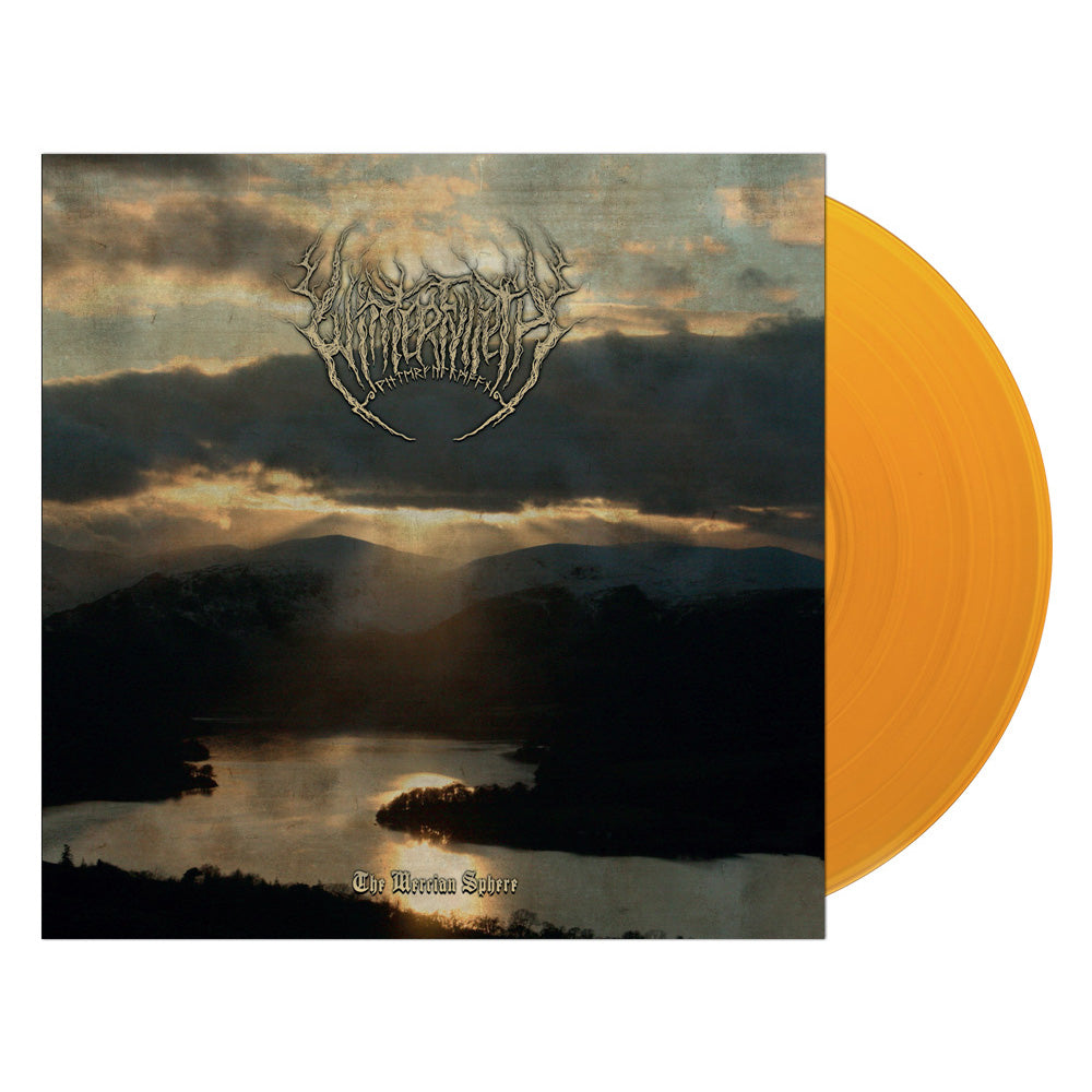 A vinyl record with an orange color and a album cover featuring a landscape with a body of water and a cloudy sky in the background.