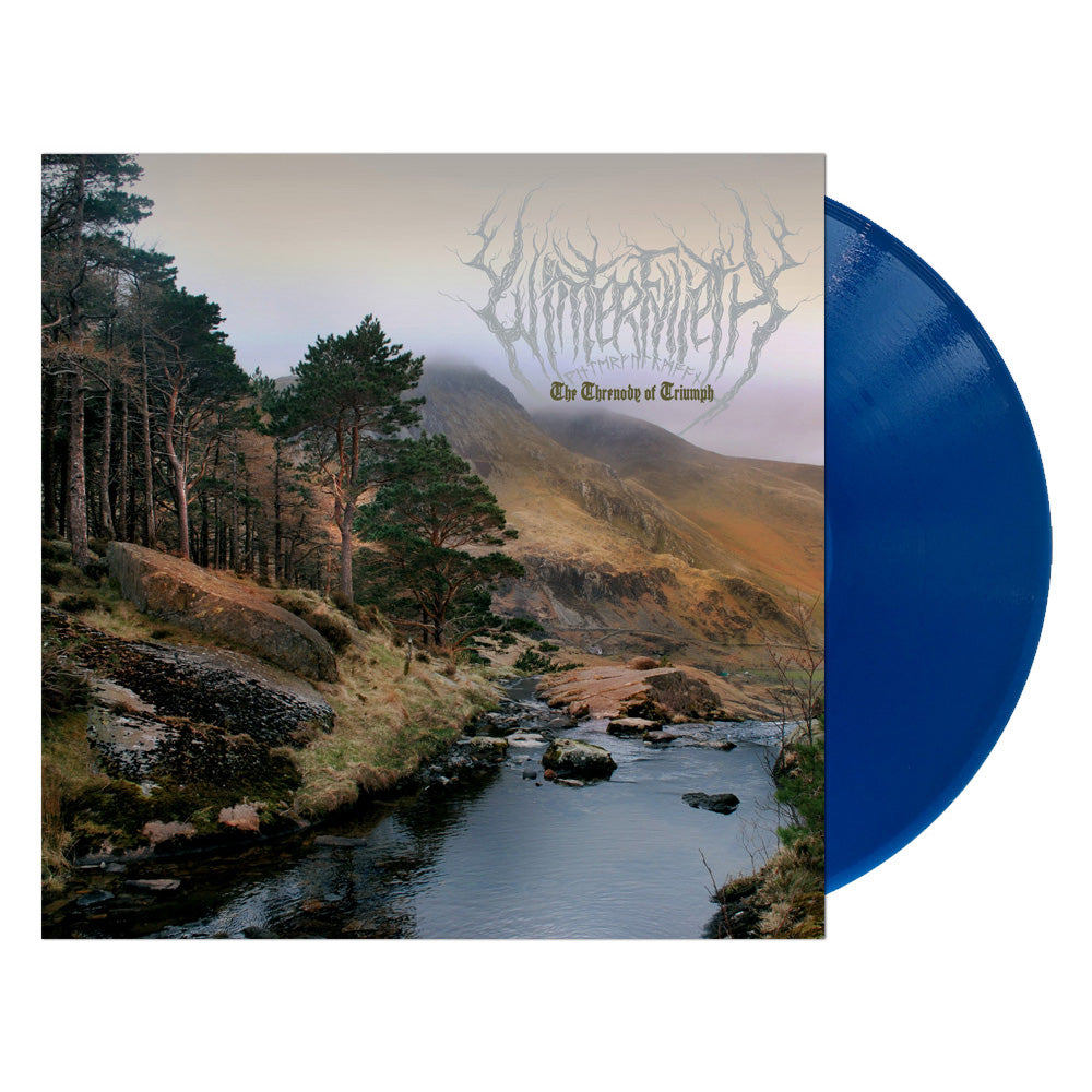 A blue vinyl LP record with a album cover featuring a landscape with trees and a body of water. The album artwork includes text which appears to be the title and possibly the band's name.