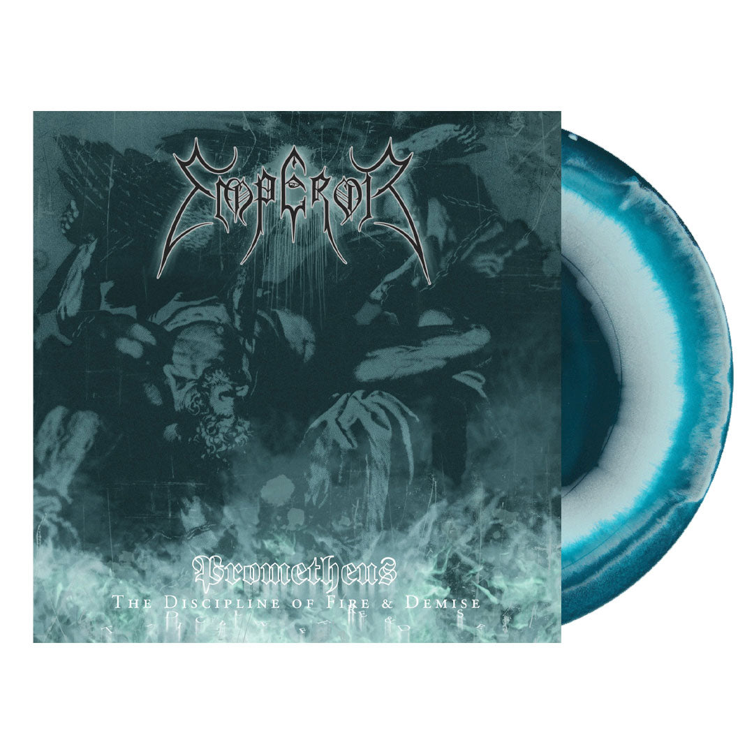 A vinyl record with a blue swirl pattern and a label featuring a black and gray illustration and text, representing the product 'Prometheus Discipline Of Fire & Demise' by Emperor.