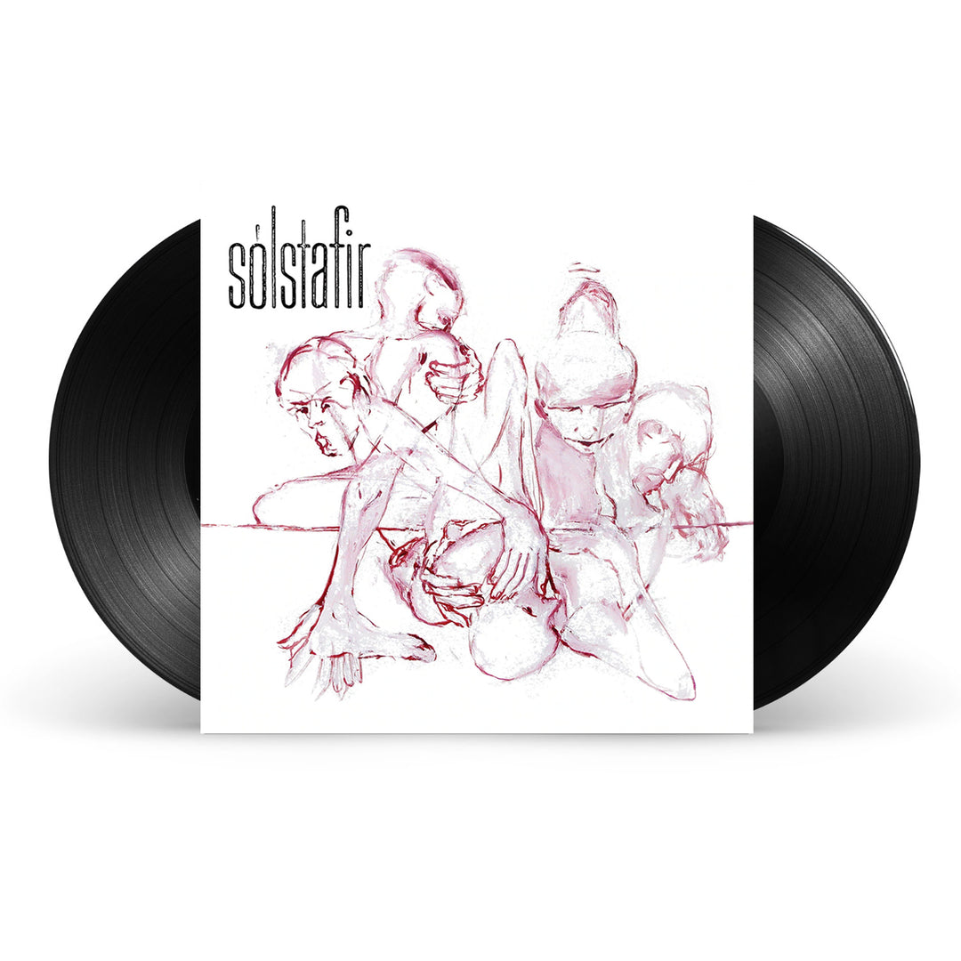 Two 180g vinyl records surround an album cover featuring abstract pink and white sketch-like intertwined human figures, with the brand name Solstafir in black text at the upper left.