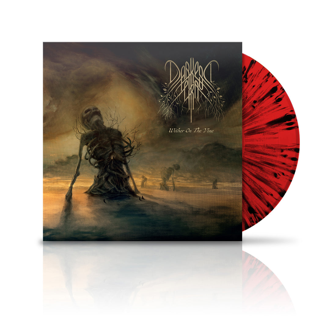 A limited edition vinyl record with a red-and-black splatter design slides from an album cover showing eerie skeletons in a desolate landscape, with Darkest Era and Where On The Vine written on the cover.