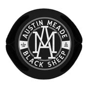 image of the bottom of a bottle koozie on a white background. white print says austin meade, black sheep with the letters A and M 