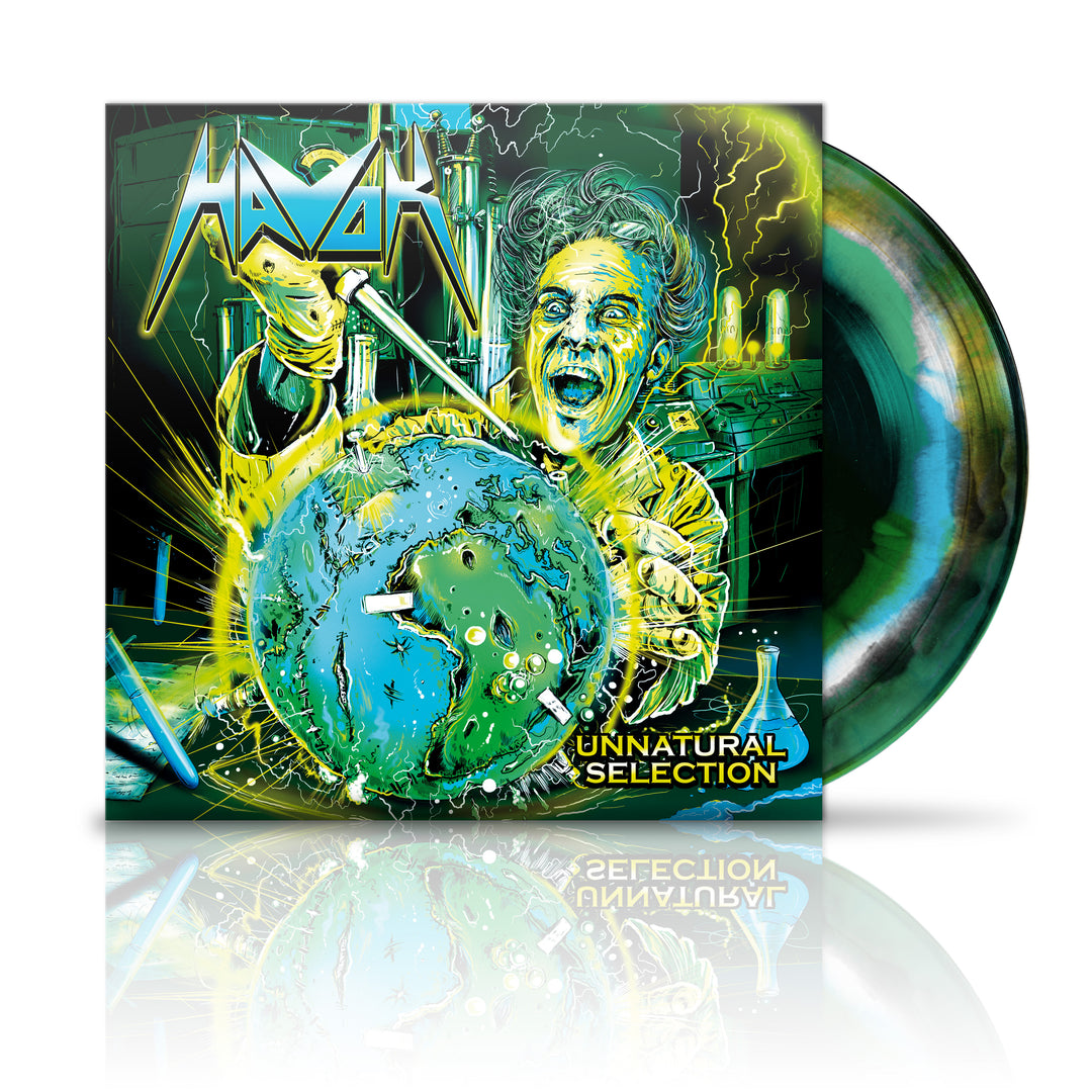 The HAVOK limited edition 140g green & black marbled vinyl features a vivid cover of a mad scientist with Earth, glowing yellow-green hues, and the album title Unnatural Selection in a striking gatefold sleeve.