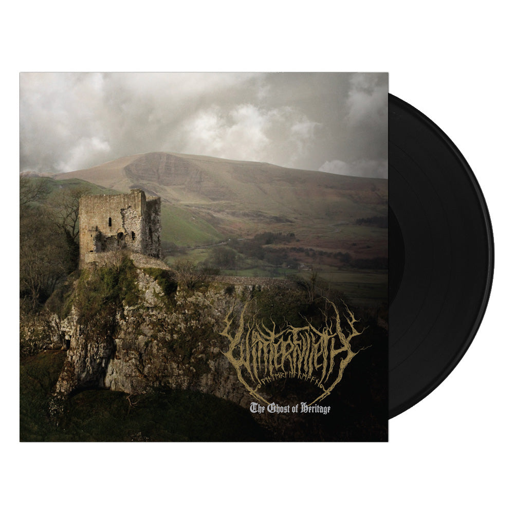 A black vinyl record with a album cover featuring a ruineous castle atop a hill with a misty landscape in the background. The album title and artist name are visible on the cover.
