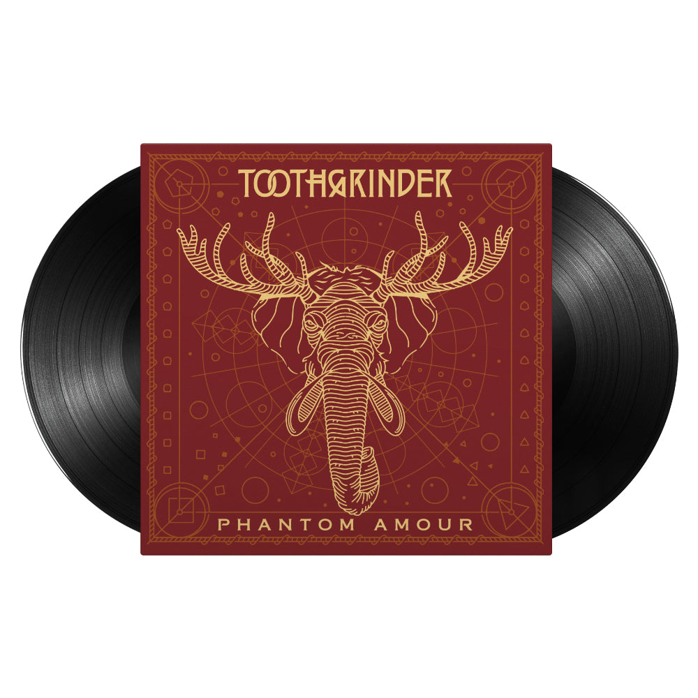 A vinyl record by Toothgrinder with a red cover adorned with gold geometric designs and a stylized elephant-deer hybrid; the title Phantom Amour and the bands name appear on the front.