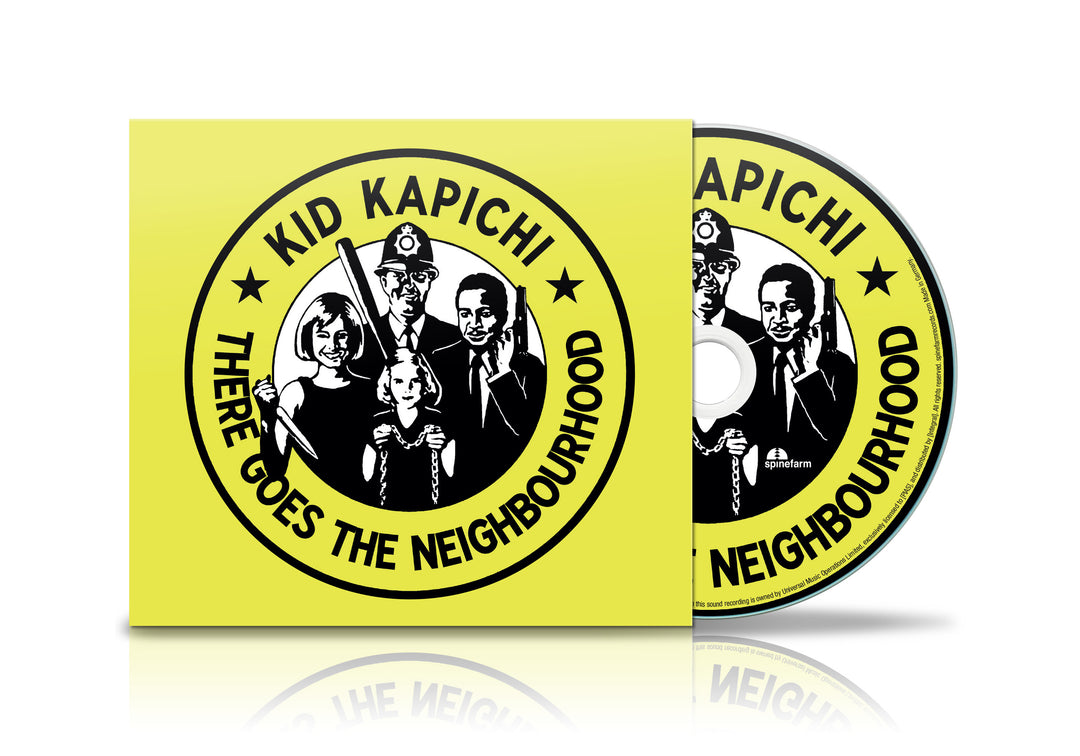 Kid Kapichi’s 2024 album "There Goes The Neighbourhood" comes with a yellow cover and CD featuring cartoon black-and-white figures—a woman, two suited men, a police officer, and a child. A unique music collectible for fans.