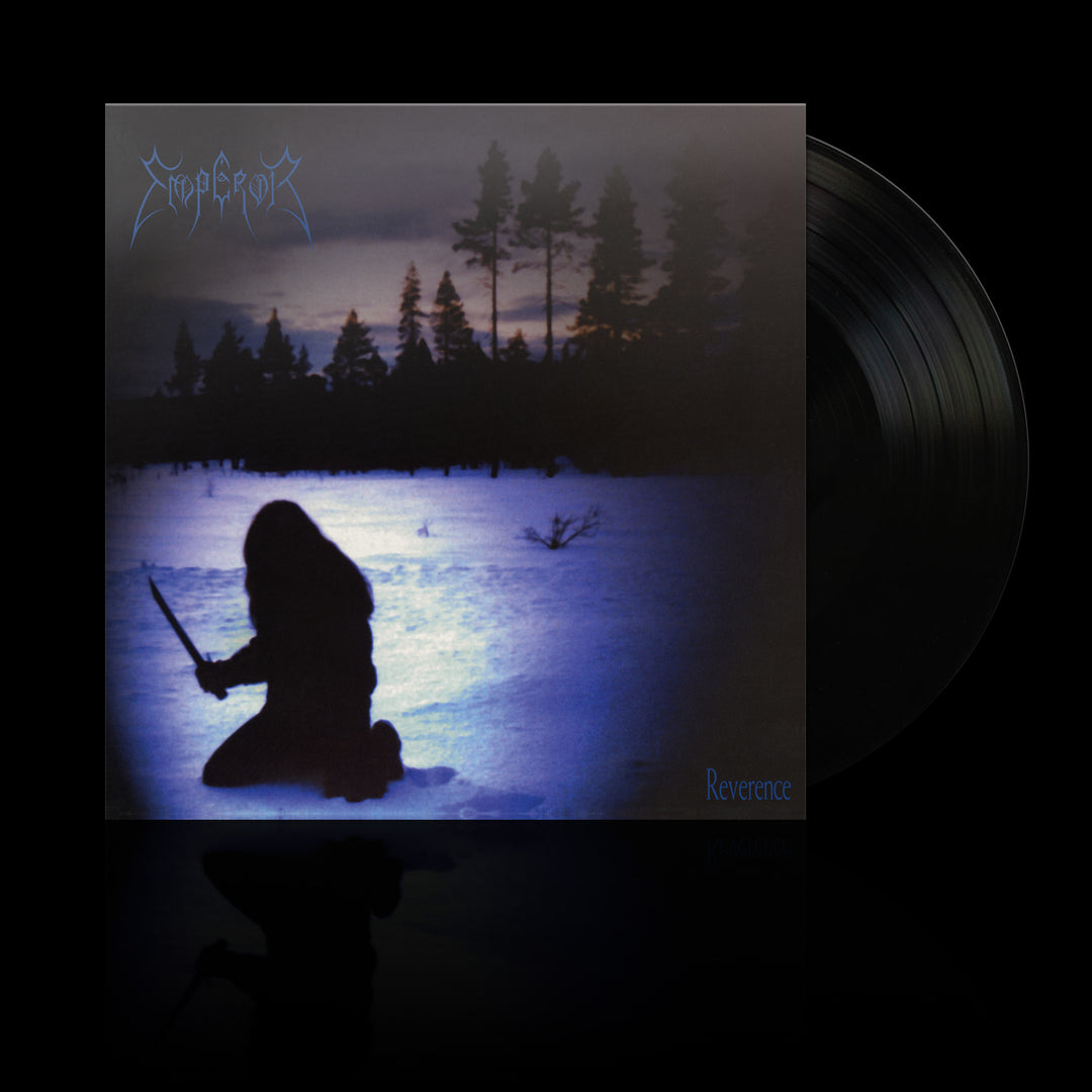 Emperor album cover for Reverence, inspired by Anthems to the Welkin at Dusk: a silhouetted figure kneels on snowy ground at dusk with a sword, dark trees behind. The partially visible vinyl bears the Emperor brand name.