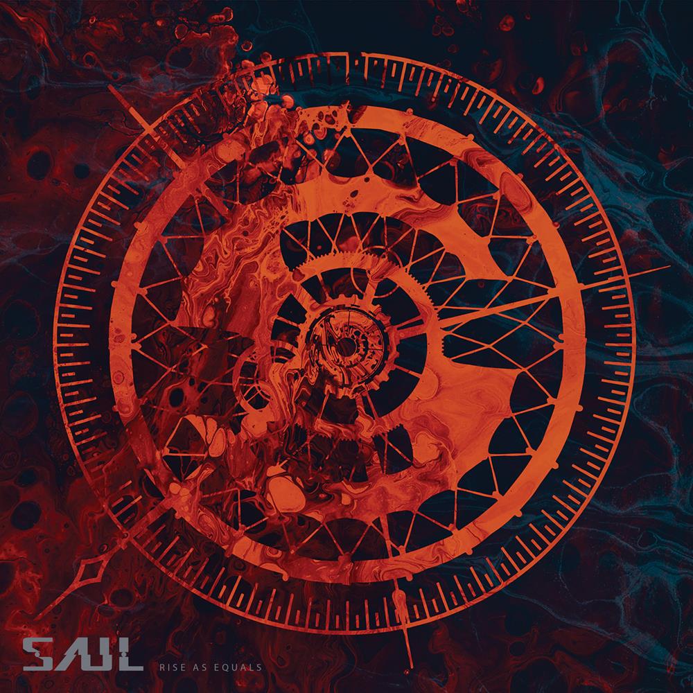 Saul abstract artwork with a vivid orange circular geometric pattern and intersecting lines over a dark marbled backdrop, featuring the words “SAUL” and “RISE AS EQUALS” in the lower left corner.